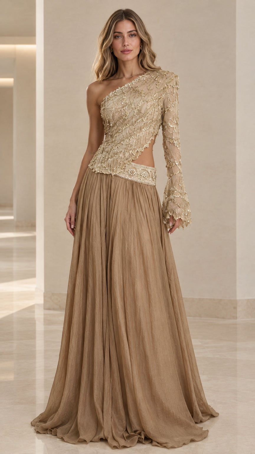 Champagne Gold one-shoulder beaded cutout evening gown front view