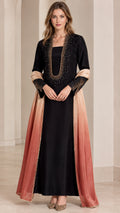 Front view of black embellished maxi dress with ombre scarf