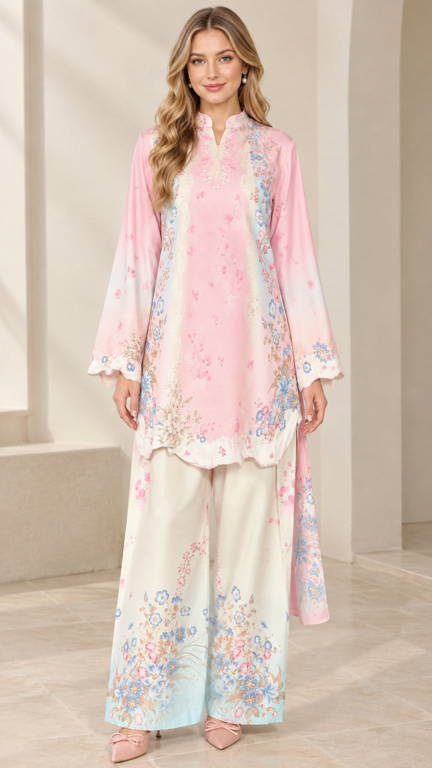 Full front view of model wearing pink floral print scalloped tunic and wide leg pant set