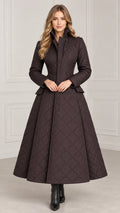 Full front view of model wearing dark brown diamond quilted A-line maxi coat