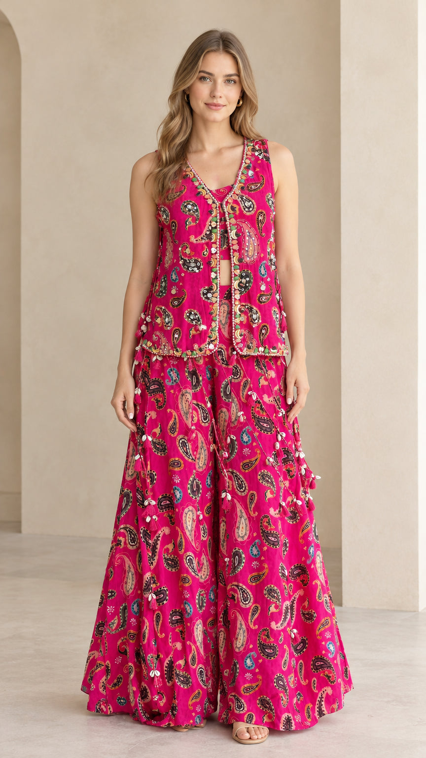 Full front view of model wearing magenta paisley 3-piece palazzo pant set with embellished sleeveless jacket