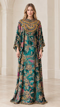Front full-length view of model wearing the Emerald Green ornate beaded floral kaftan dress