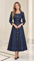 Full front view of model wearing Indigo Blue square neck denim midi dress with waist belt