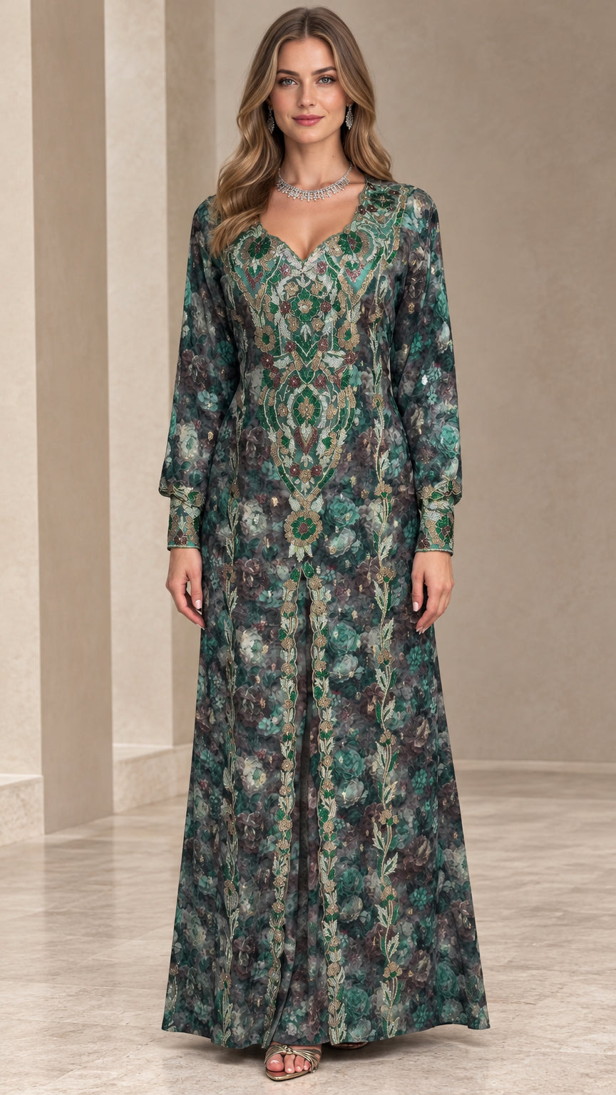 Front full view of woman wearing emerald green embroidered floral long sleeve maxi dress