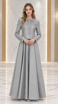 Silver Grey beaded jacket and pleated maxi evening dress front view