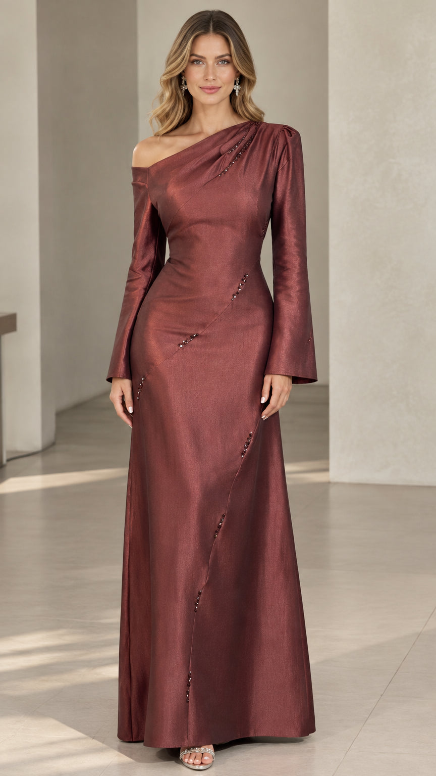 Burgundy one-shoulder long sleeve evening gown full front view