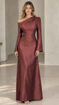 Burgundy one-shoulder long sleeve evening gown full front view
