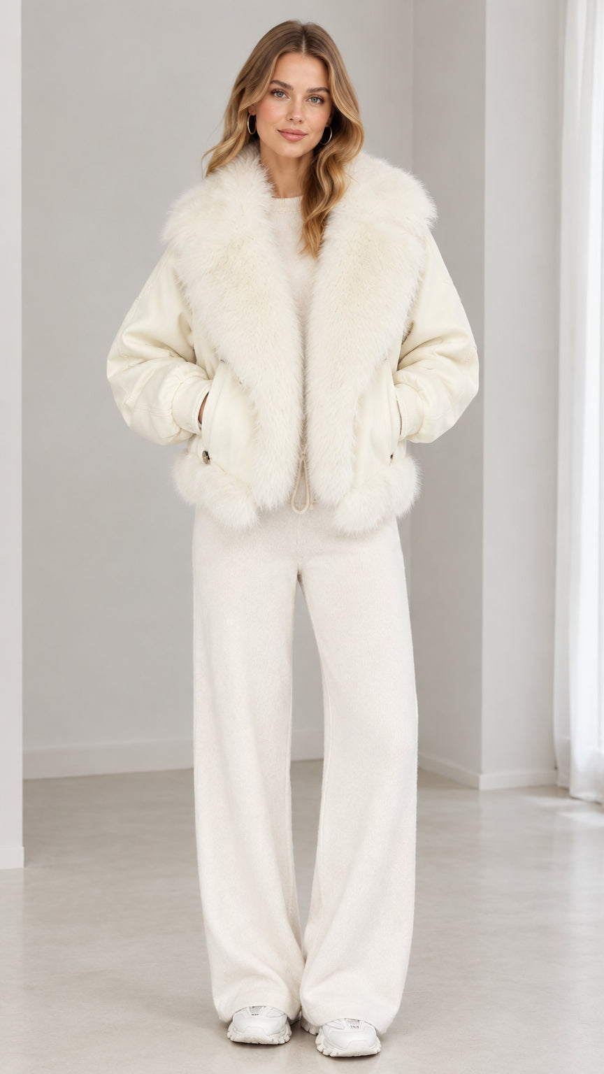 Front full view of woman wearing cream zip-up bomber jacket with oversized faux-fur collar and matching wide-leg pants