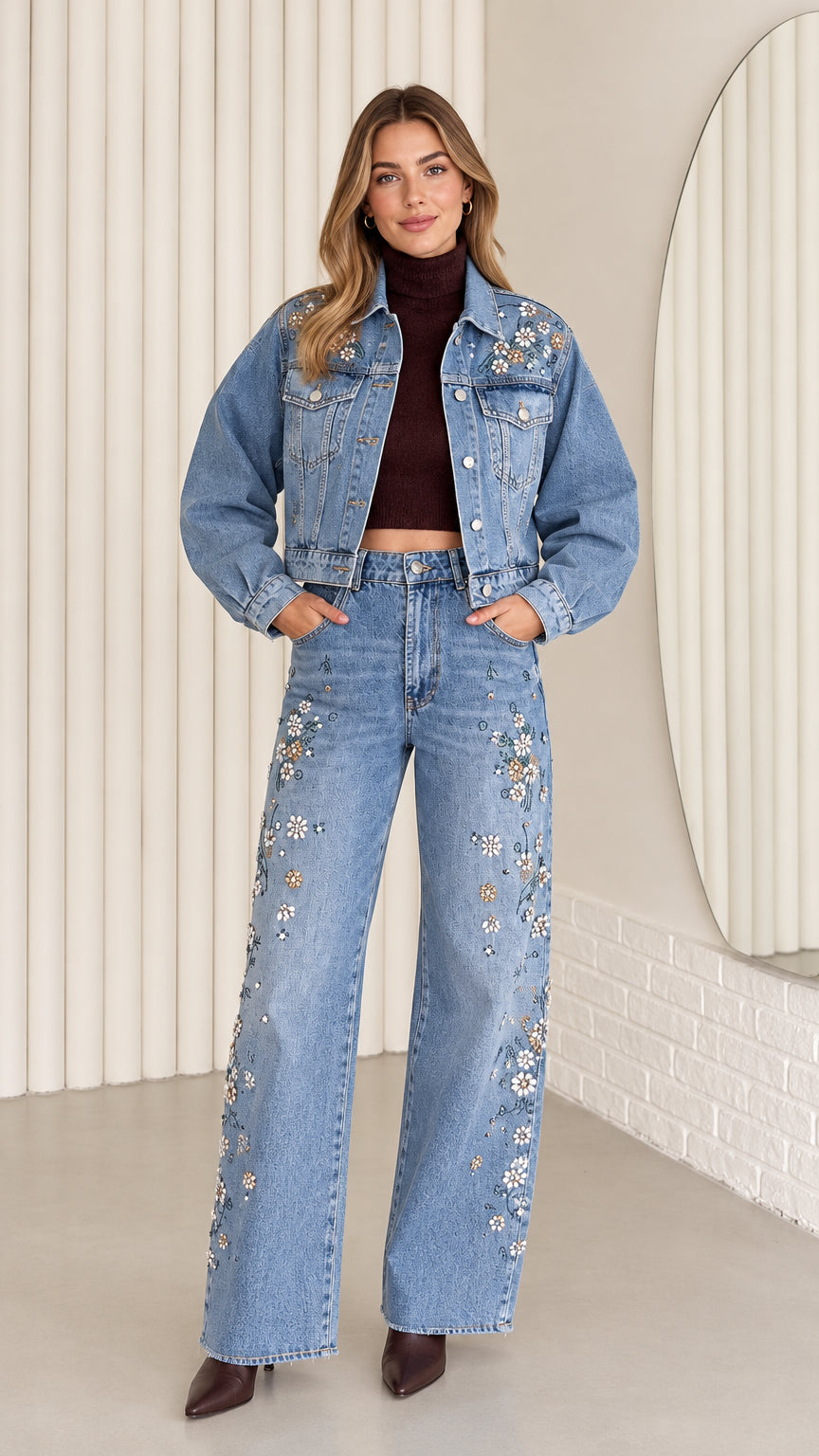 Full front view of model wearing Light Blue floral pearl embellished cropped denim jacket and wide leg jeans set