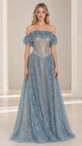 Dusty Blue off-the-shoulder corset lace evening gown front view