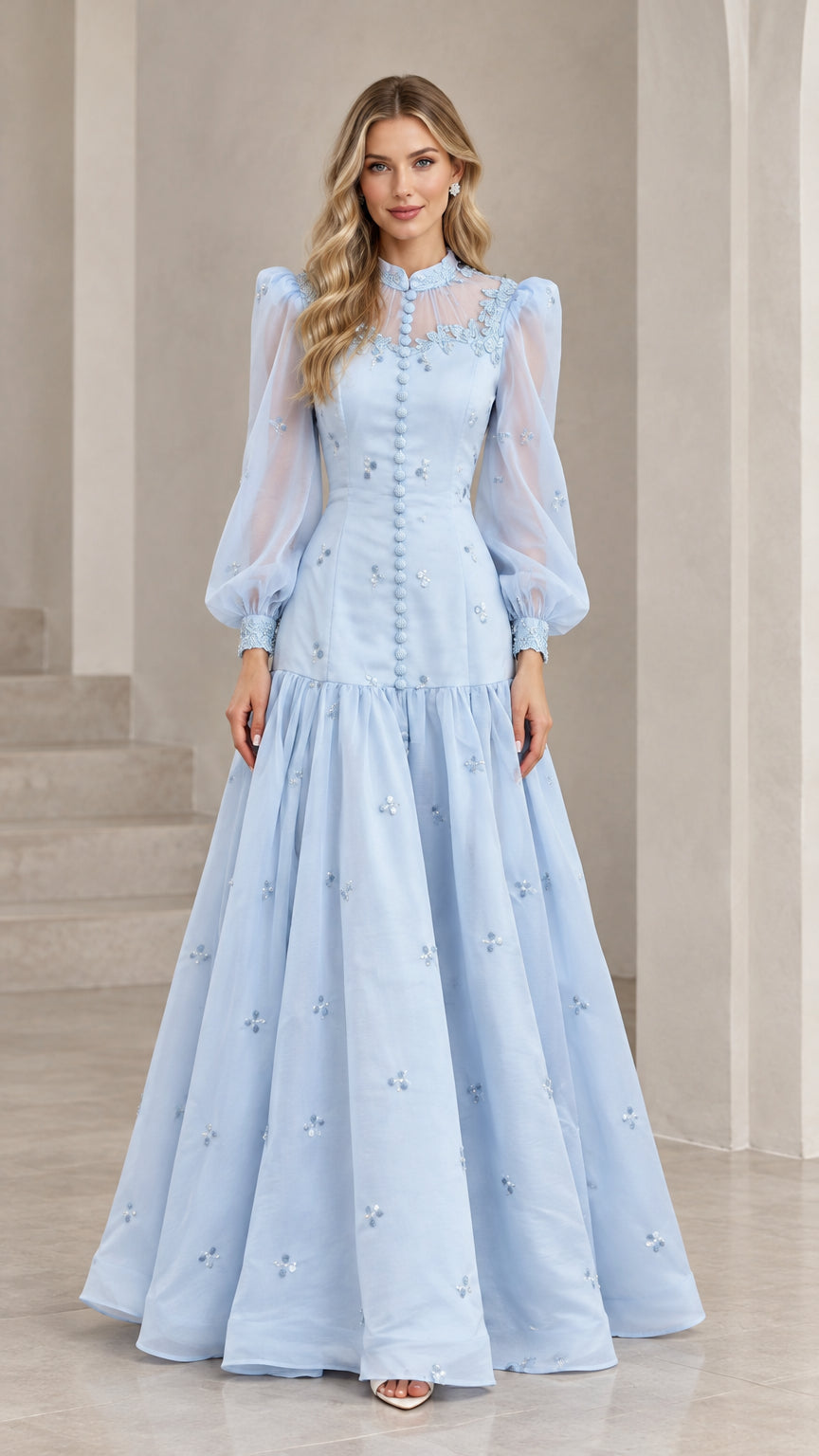 Sky blue high neck long sleeve embroidered evening gown front view