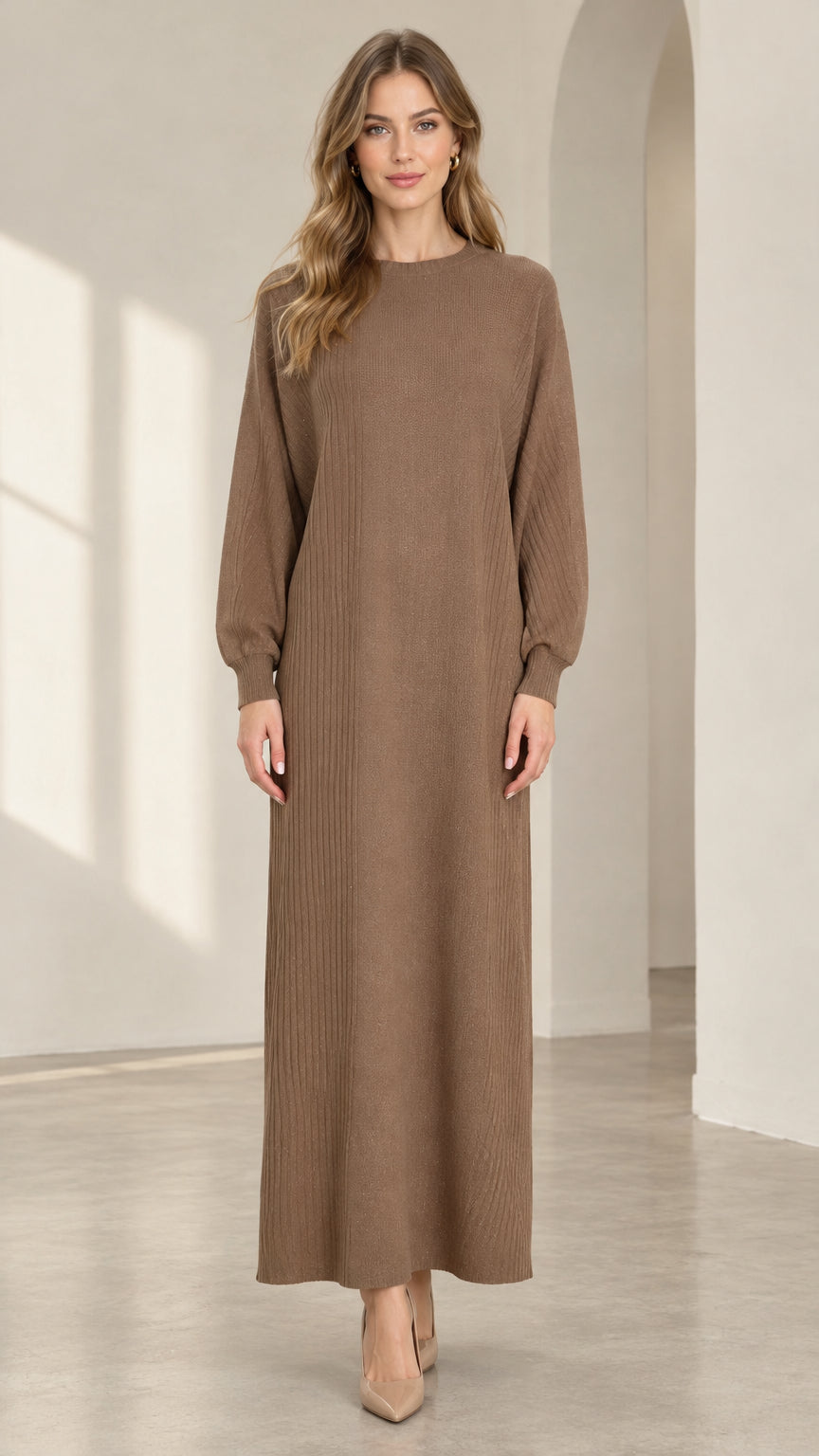 Front view of woman wearing mocha brown textured knit long sleeve maxi sweater dress