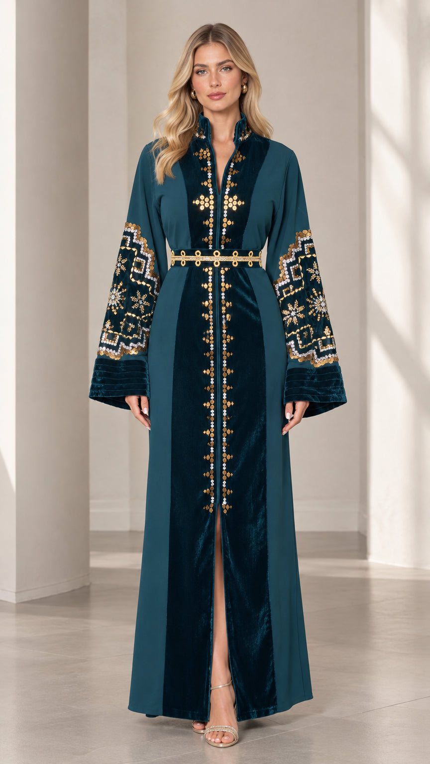 Front view of woman wearing teal embroidered velvet trim kaftan maxi dress with gold belt