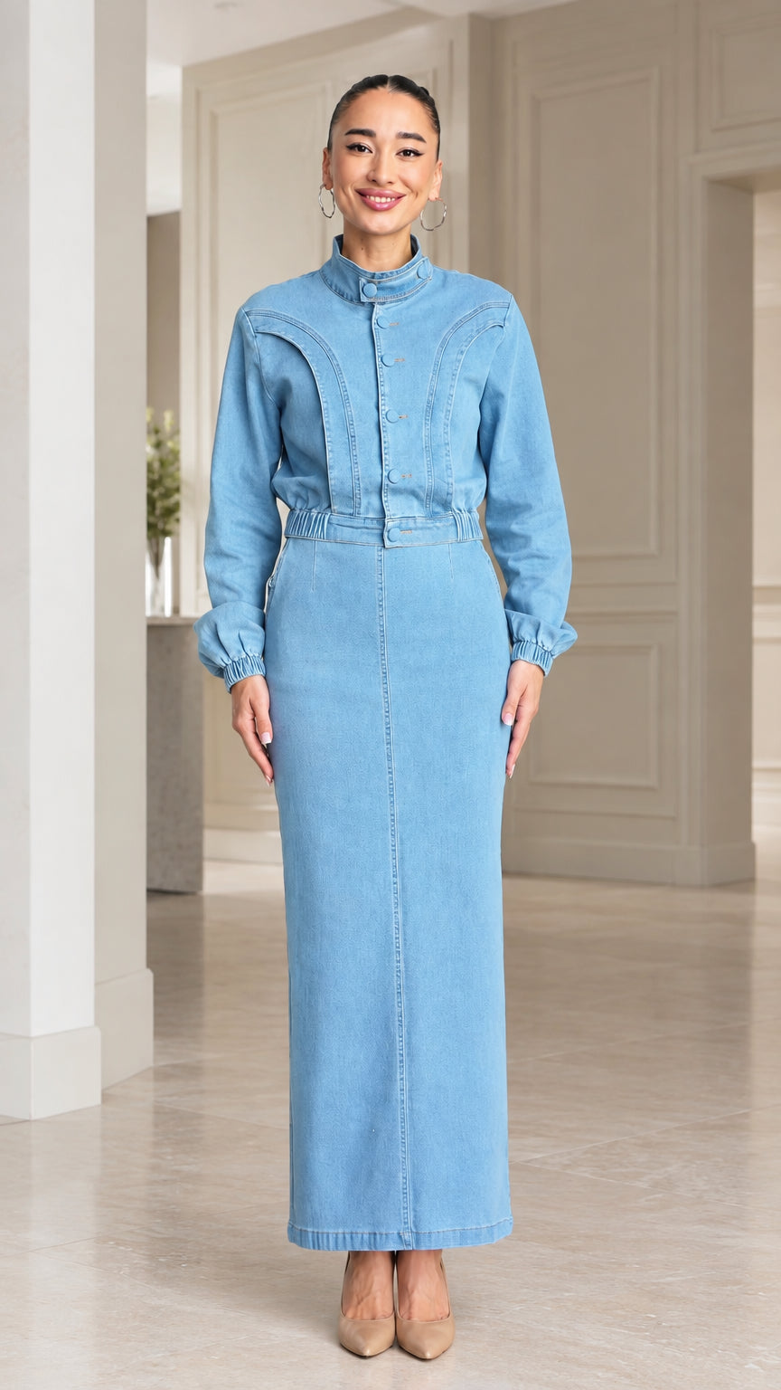 Full-length front view of model wearing Light Blue high-neck denim maxi dress