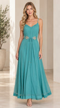 Front full-length view of woman wearing teal pleated chiffon spaghetti strap evening maxi dress with beaded waist