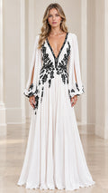 Front view of model wearing white embroidered deep V-neck chiffon evening gown with slit sleeves