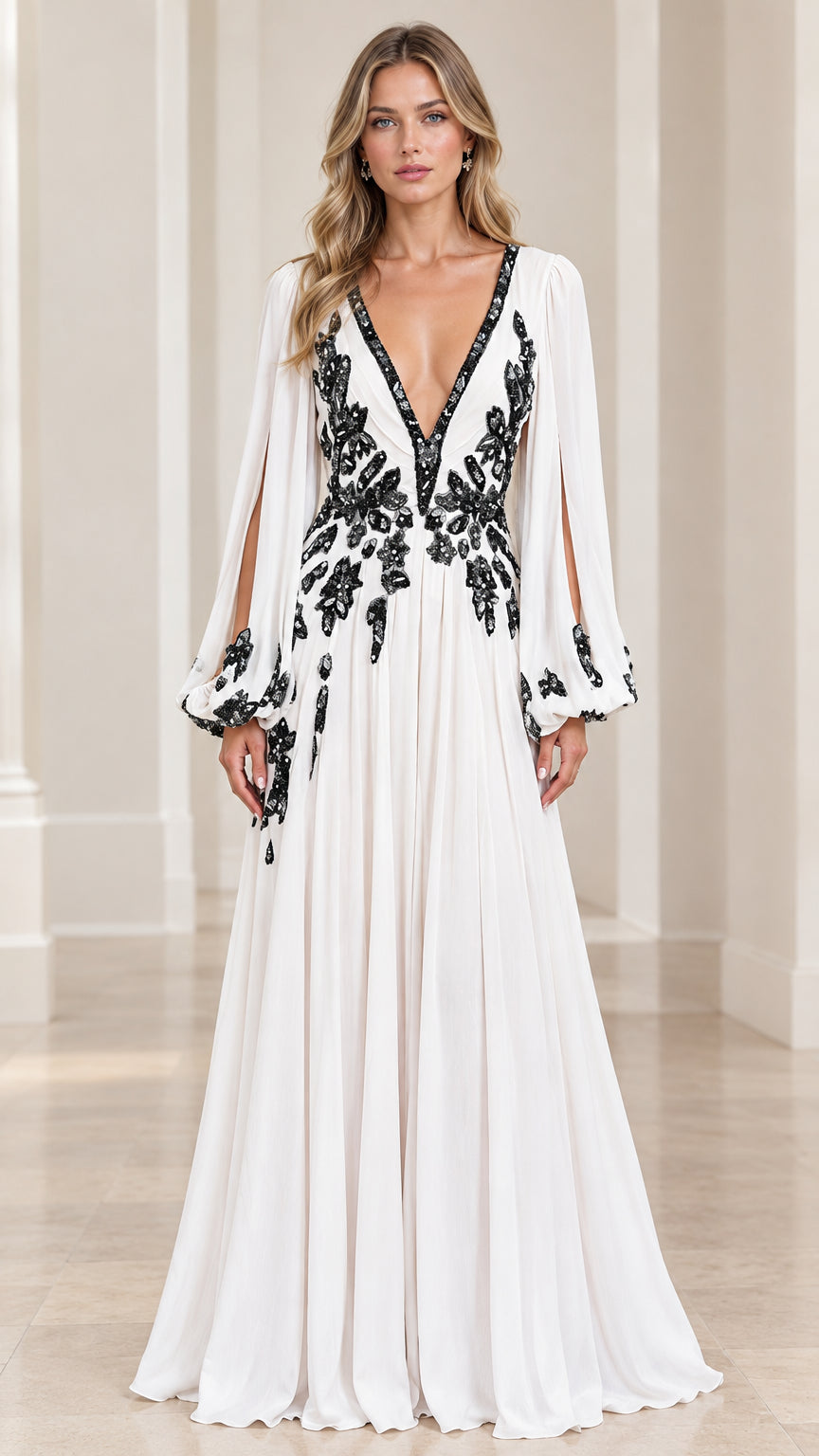 Front view of model wearing white embroidered deep V-neck chiffon evening gown with slit sleeves