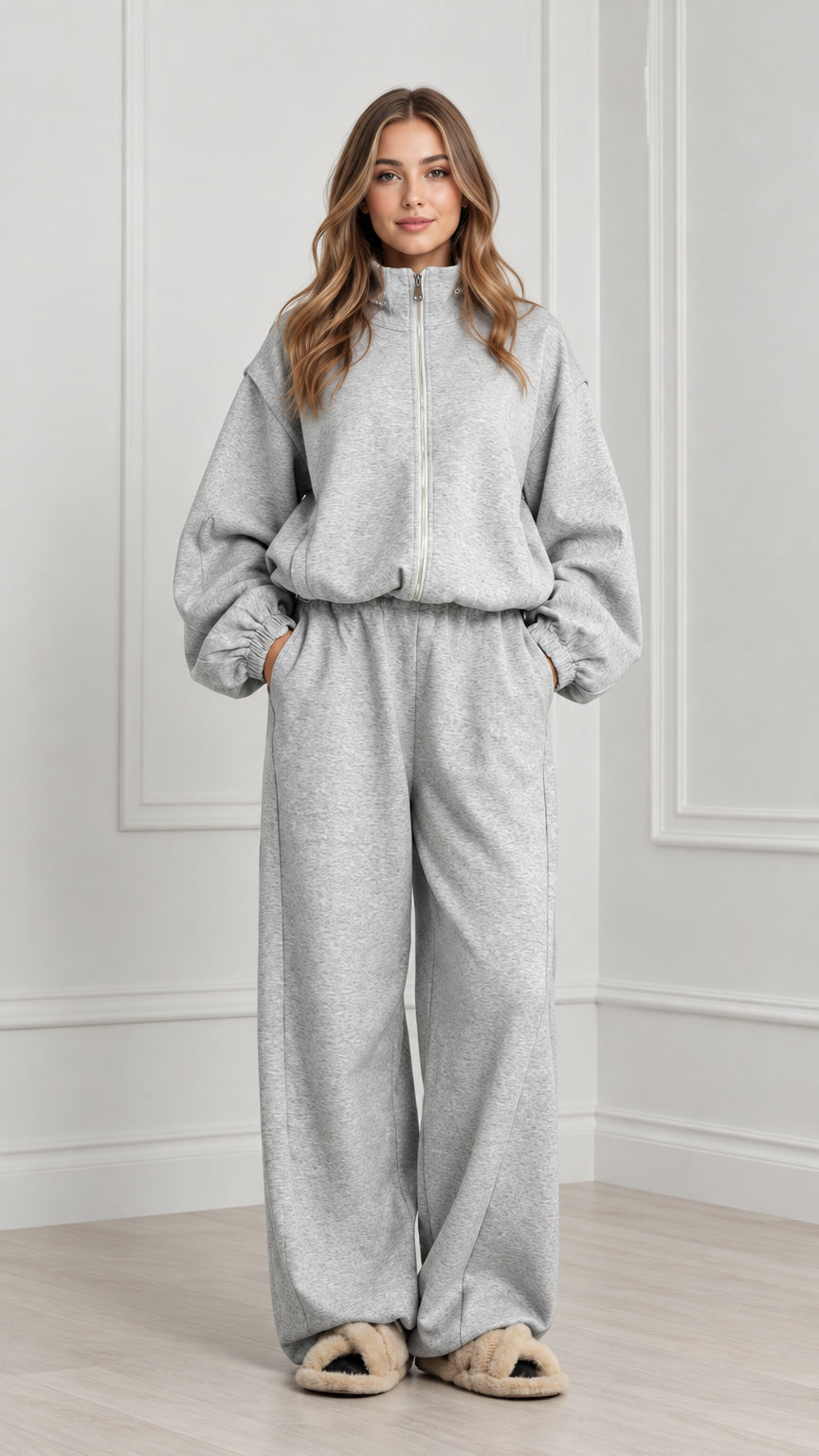 Women's heather grey two-piece zip sweatshirt and wide leg pants loungewear set front view