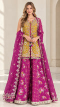Front full-length view of Mustard and Magenta embroidered sharara suit set with dupatta