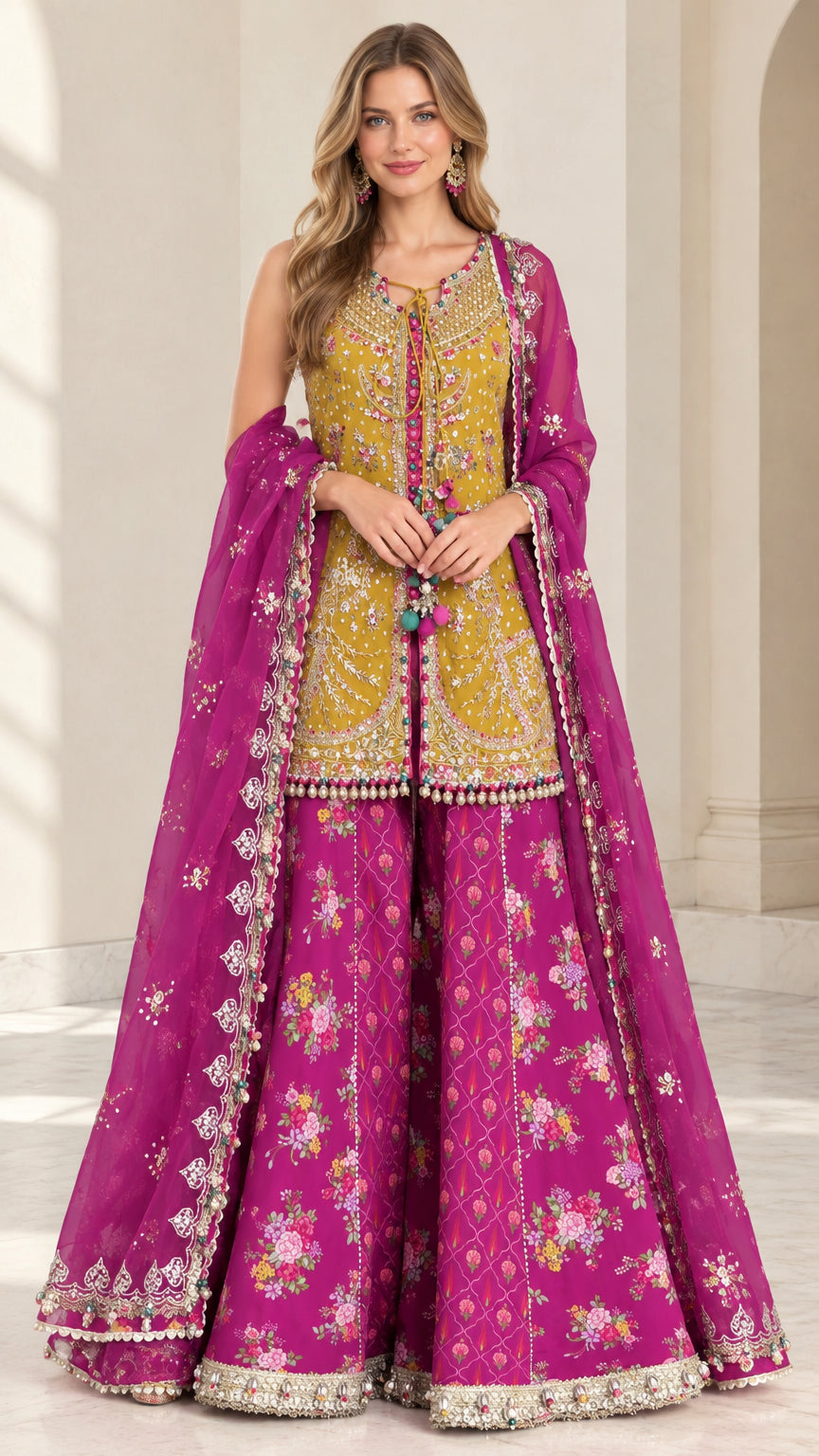 Front full-length view of Mustard and Magenta embroidered sharara suit set with dupatta