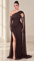 Front view of dark brown one-shoulder ruched lace evening gown with cape drape and lace gloves
