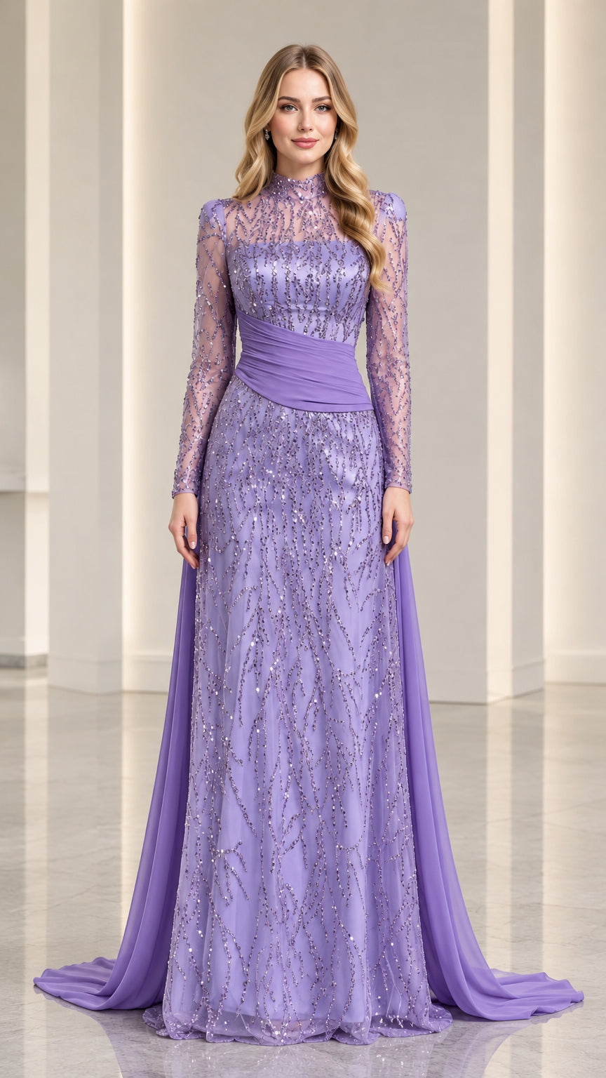 Lavender high neck sequin evening gown with long sleeves and flowing chiffon drape front view