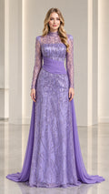 Lavender high neck sequin evening gown with long sleeves and flowing chiffon drape front view