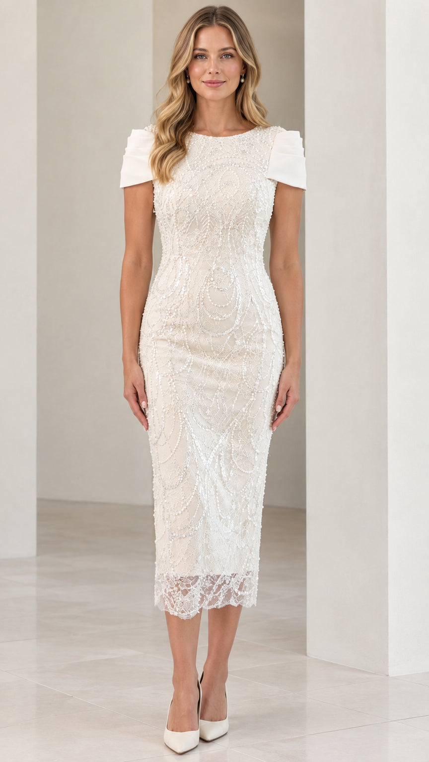 Full-length front view of woman wearing Ivory beaded sequin midi sheath dress with satin cap sleeves