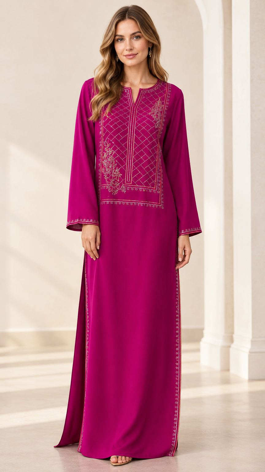 Front full view of woman wearing magenta embroidered kaftan maxi dress