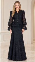 Front full-length view of woman wearing elegant black floral lace peplum maxi evening gown