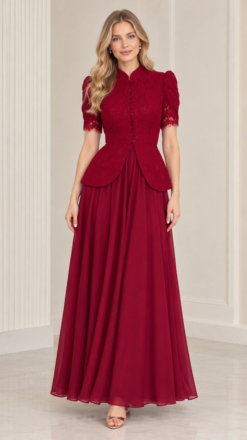 Burgundy floral lace peplum maxi formal dress front view on model