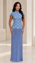 Front view of woman wearing Dusty Blue beaded scallop bodice maxi dress with fringe skirt