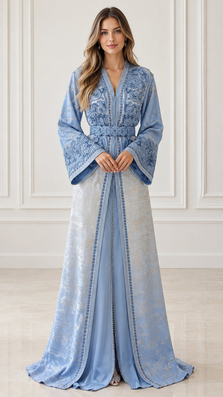 Front view of model wearing Light Blue embroidered Moroccan kaftan maxi dress with belt