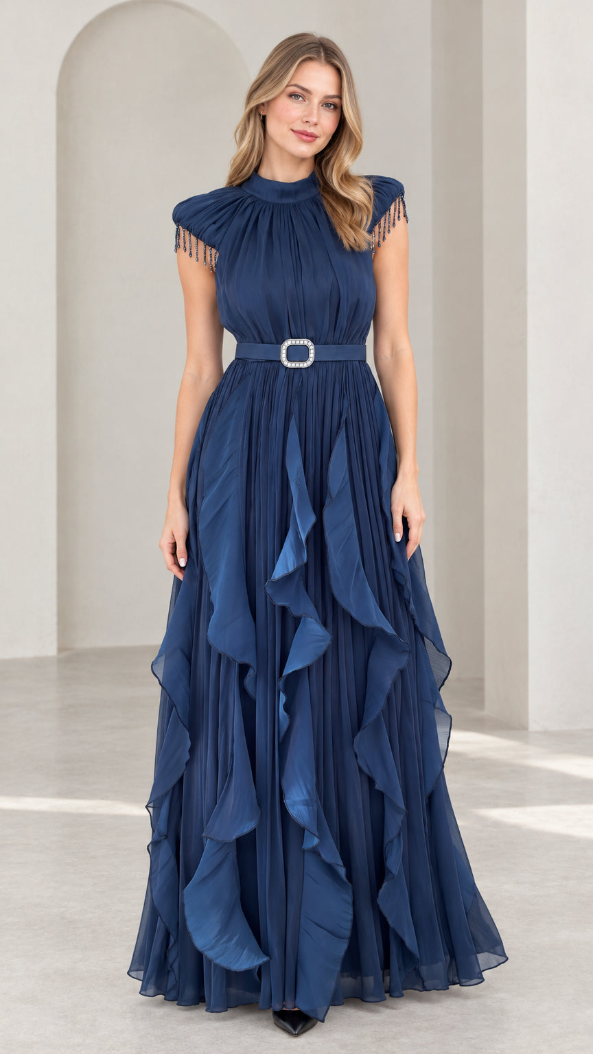 Navy Blue high neck pleated evening maxi gown with beaded fringe cap sleeves - front view