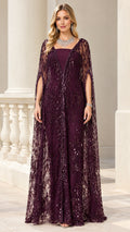 Plum sequin cape evening gown front full-length view