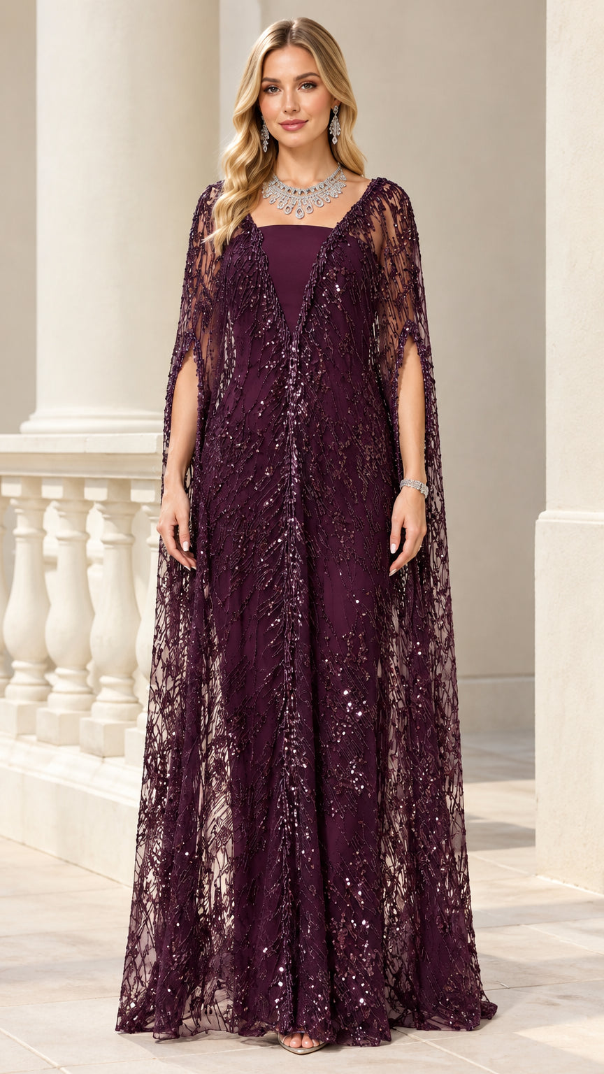 Plum sequin cape evening gown front full-length view