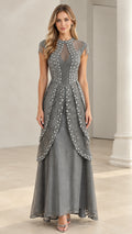 Slate grey lace evening gown with rhinestone bodice and beaded fringe sleeves front view