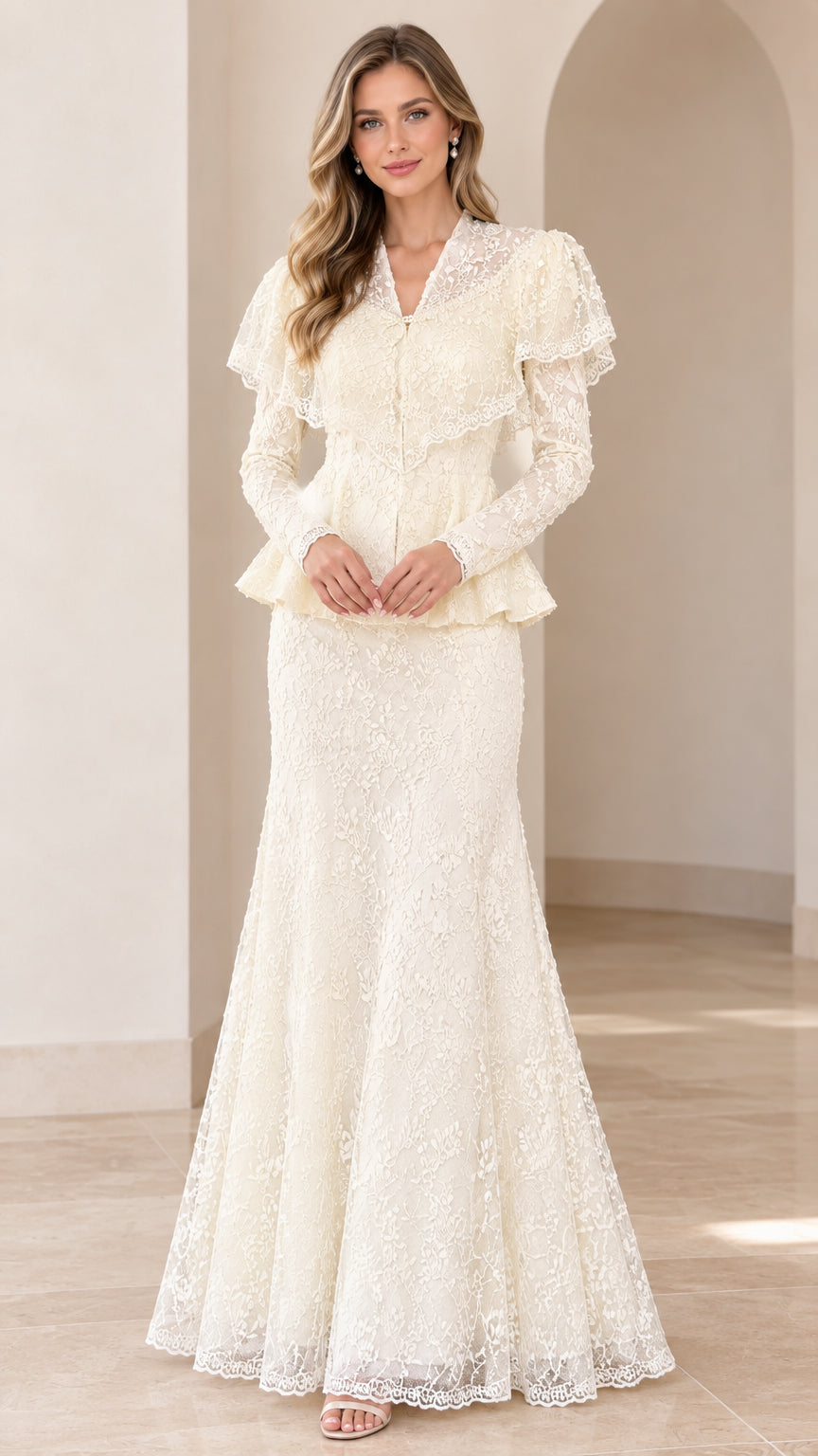 Full-length front view of woman wearing ivory long sleeve lace maxi dress with peplum waist