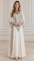 Front full view of ivory white embellished long sleeve evening gown