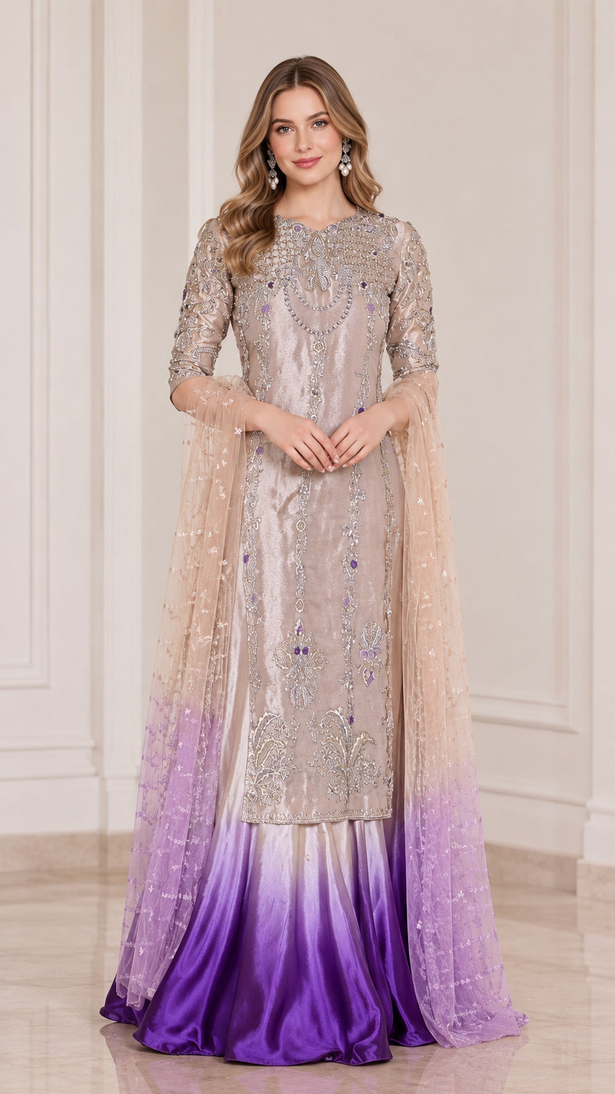 Front full-length view of champagne and purple ombre embroidered tunic skirt set