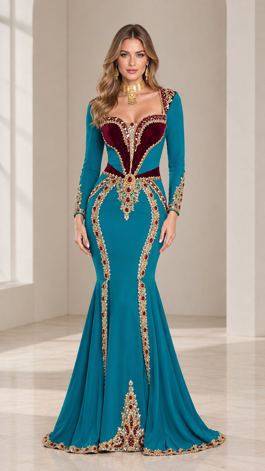 Front view of teal long sleeve mermaid evening gown with gold beadwork and burgundy velvet bodice