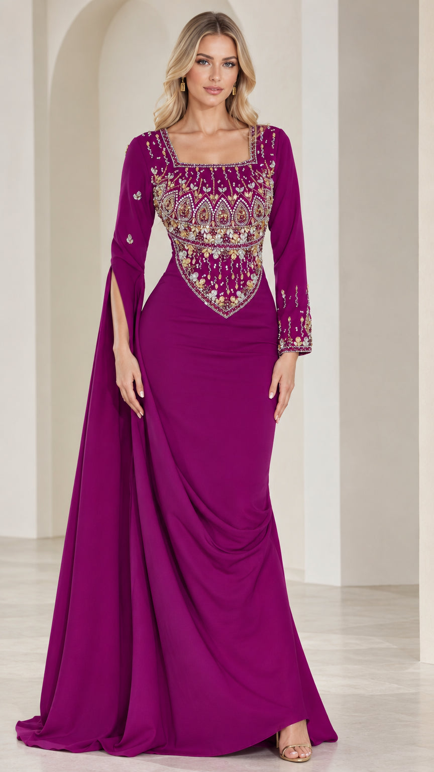 Front full-length view of model wearing magenta embellished square neck evening gown with side drape