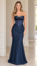 Front view of model wearing Navy Blue strapless boned corset lace mermaid evening gown