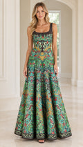 Front view of woman wearing teal green vintage tapestry print sleeveless square neck maxi dress