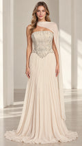 Champagne strapless beaded corset evening gown with pleated skirt and draped scarf front view