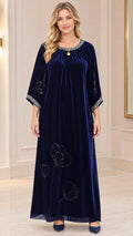 Navy blue embellished velvet maxi caftan dress front view