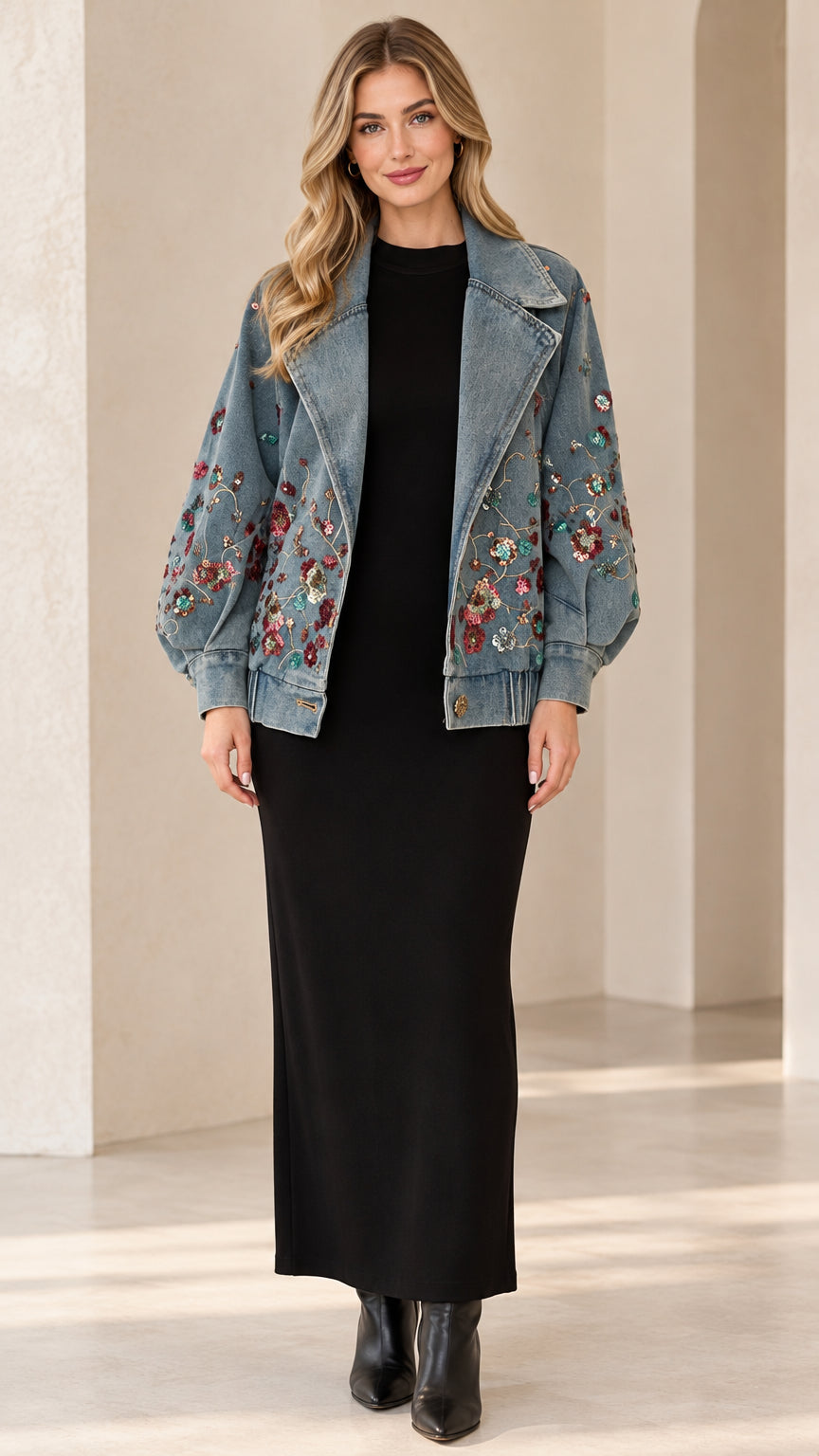 Front view of model wearing Denim Blue floral embroidered lapel denim jacket over black maxi dress