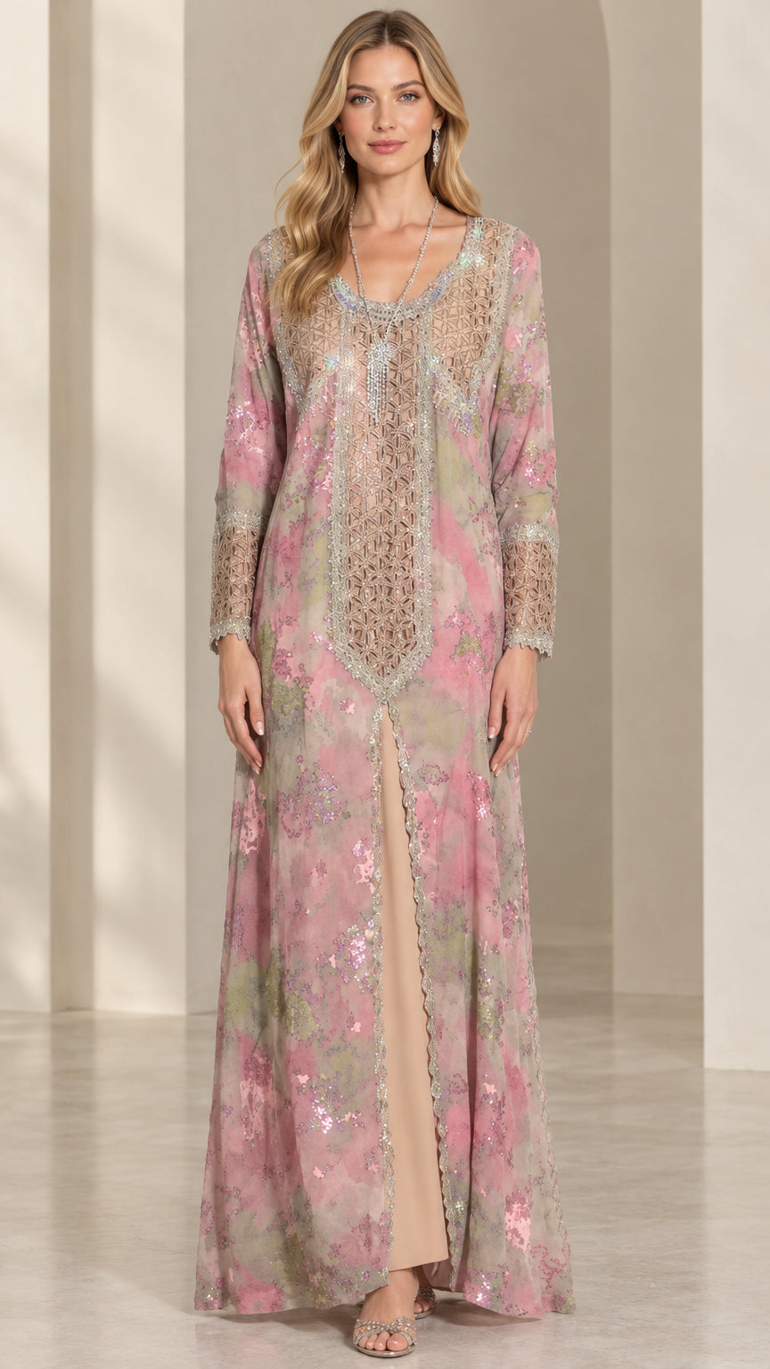 Front view of model wearing Blush Pink floral embroidered kaftan maxi dress