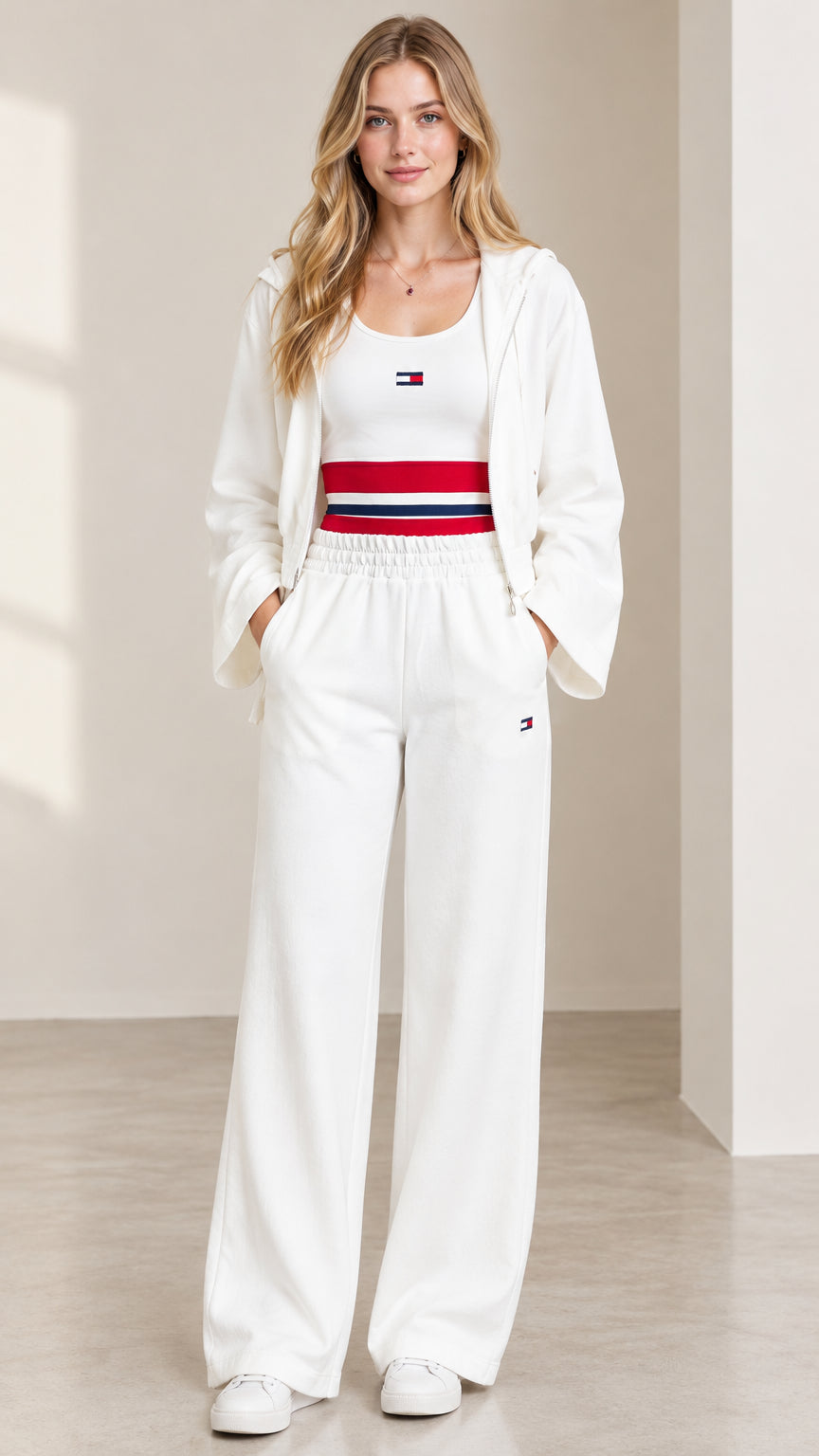 Full front view of women's 3-piece white lounge set with cropped zip hoodie, tank top, and wide leg pants