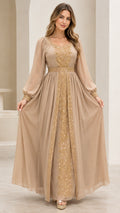 Front full view of Champagne sequin embellished long sleeve maxi evening dress